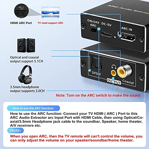 Image of Etzin HDMI ARC Audio Extractor, 192KHz HDMI Adapter Support Only ARC TV to Digital SPDIF + Coaxial + Analog 3.5mm Stereo Audio Converter for Soundbar Speaker Amplifier Headset-EPL-901H.