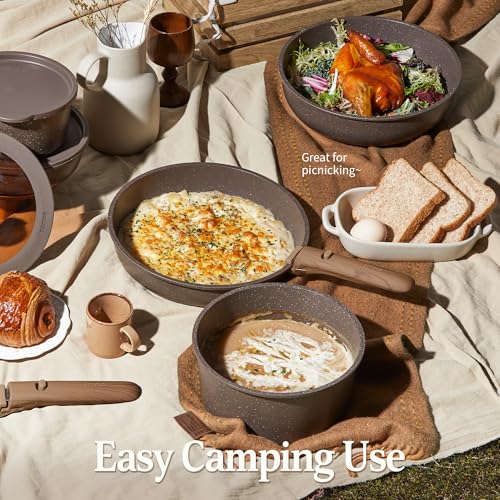 Image of CAROTE 21PCS Pots and Pans Set Non Stick with Detachable Handle, Nonstick Cookware Sets, Cooking Kitchen Set, Oven /Dishwasher Safe, Induction Cookware, Brown, RV Kitchen Pot and Pan