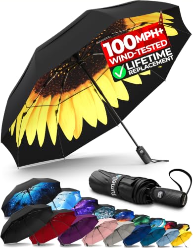 Image of TUMELLA Strongest Windproof Travel Umbrella (Compact, 100MPH Wind-Tested), Light, Portable, One-Handed Use, Automatic Folding Rain Umbrella, Durable, Premium Grip, Fits Car & Backpack