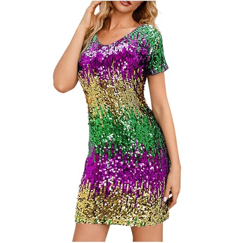 Robe à paillettes confort manches courtes mini robe de soirée col V