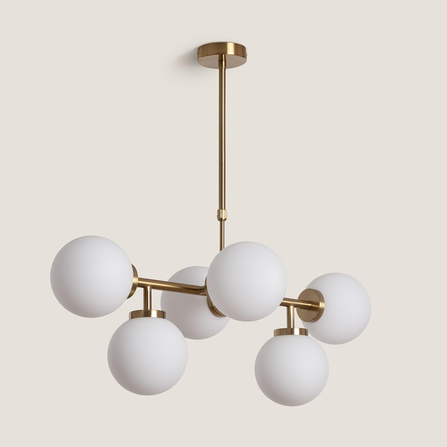 LEDKIA LIGHTING - Lampada a Sospensione Metallo e Vetro Lautrec | Design Moderno ed Elegante | Regolabile in Altezza | 6 Paralumi Sferici | Lampadina E27, Oro