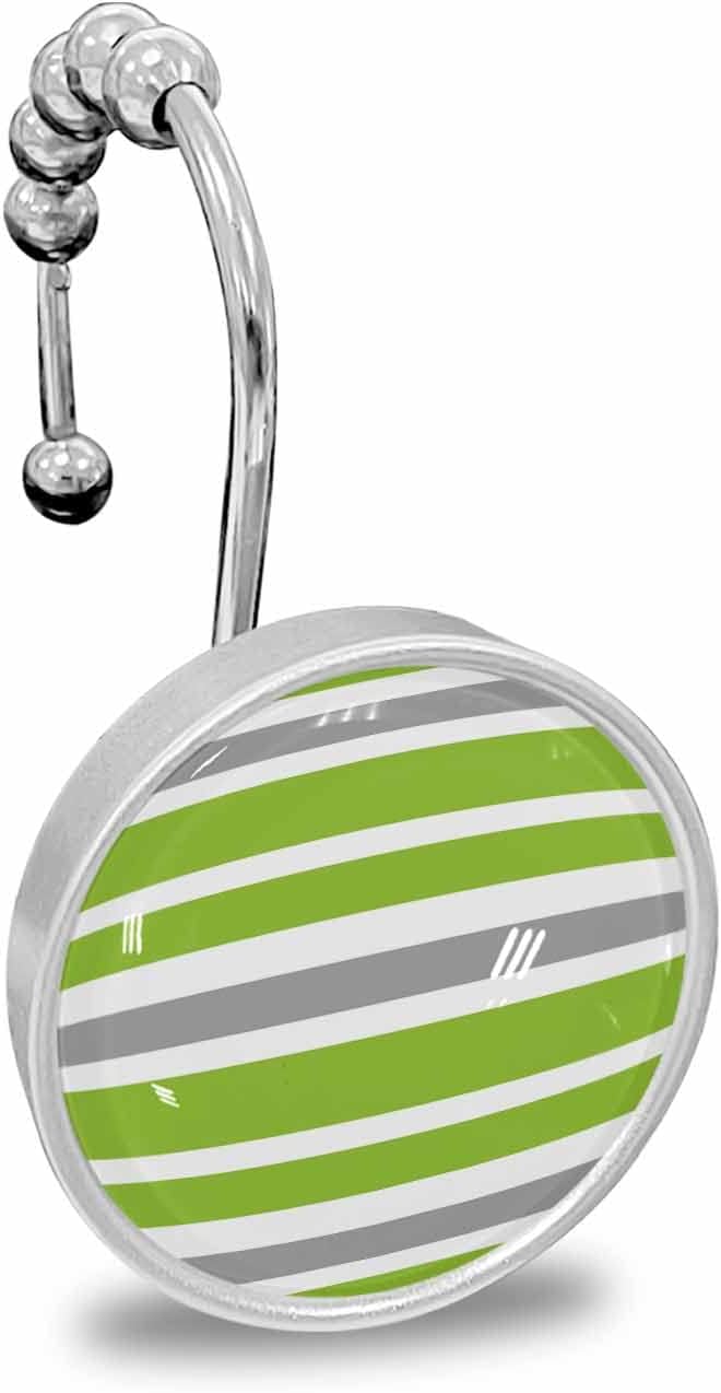 Shower Curtain Hooks Set of 12 Green Gray White Geometric Stripes Crystal Glass Shower Curtain Rings for Bathroom Decorative Stainless Steel Rust Proof Roller Shower Curtain Hangers