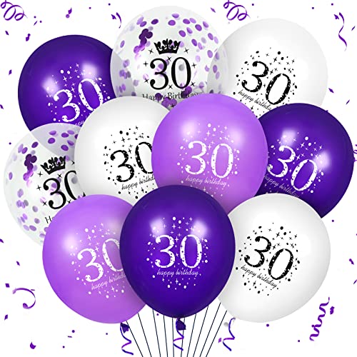 RUMIA 30th Purple Birthday Balloons Decorations, 16 PCS Purple White Confetti Latex Balloons for Women Men Happy Birthday Party Wedding Anniversary Indoor Outdoor Party Supplies,12 Inch (30th)