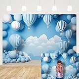 MEHOFOND Telón de fondo para fotografía de cumpleaños de niño de 7 x 5 pies, nubes blancas, globo aerostático azul, fondo de retrato para baby shower, pastel, decoración de fiesta de niños,