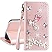 Produktbild Xifanzi Brieftasche PU Ledertasche Hülle für Sony Xperia Z5 Handschlaufe Schutzhülle Rose Gold Drücken Schmetterling Flip Case Strass 3D Bling Bling Entwurf Schmetterling Farbel Bookstyle Lederhülle