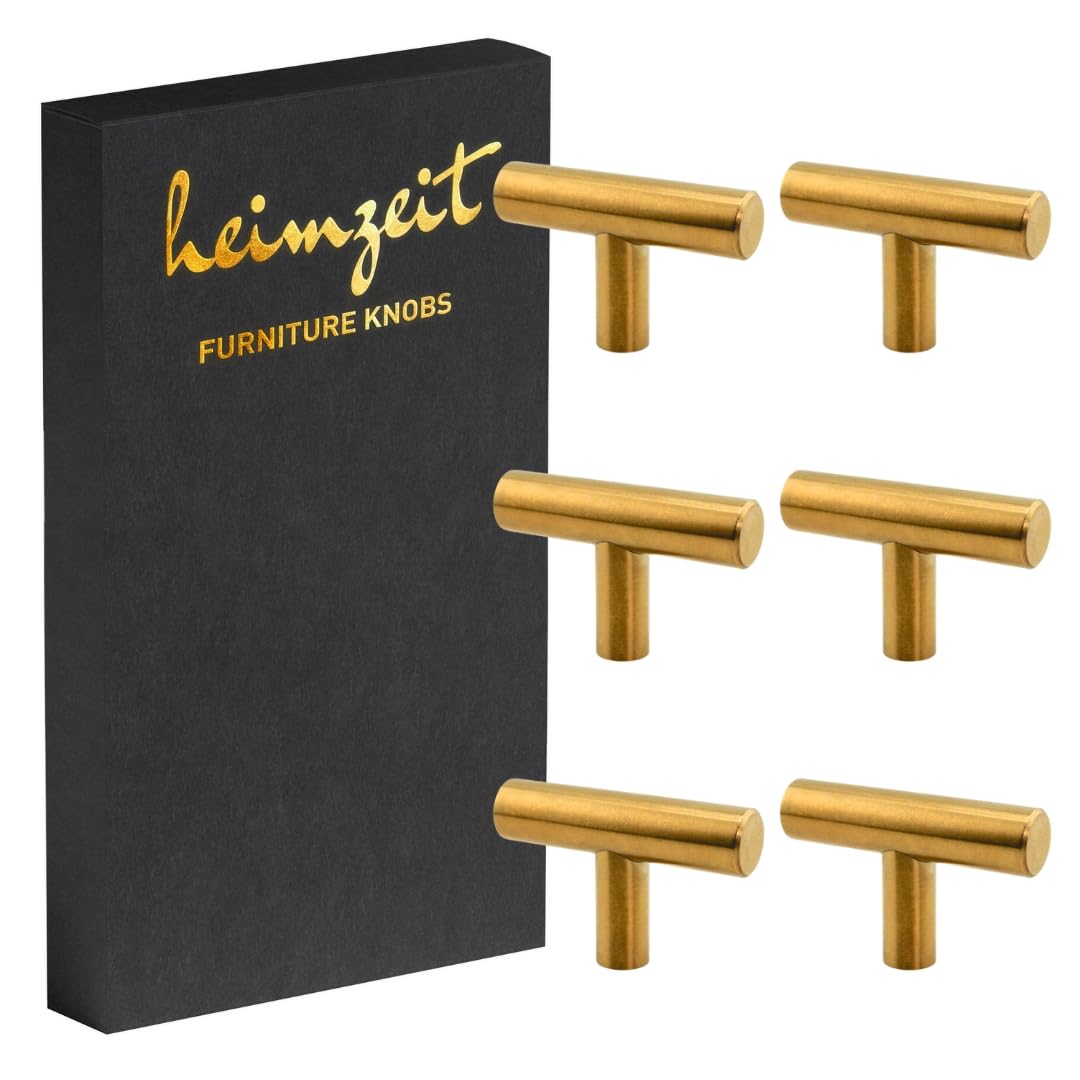 heimzeit Schrankknöpfe Bar für Türen, Schubladen und Kommoden aus hochwertigem Edelstahl [6 Stück, T-förmig] Farbe: Gold, Stilvolles Design, Möbelknöpfe mit Einlochgriff und Schrauben