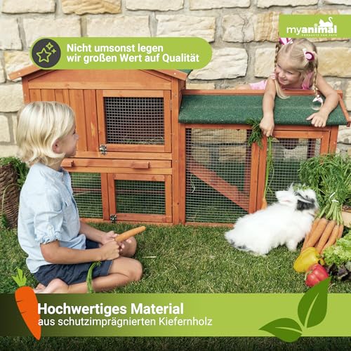 Miweba MyAnimal Hasenstall MH-03 | Kaninchenstall mit Freilaufgehege - Hasenkäfig - Kleintierkäfig - Holz imprägniert - Kaninchenkäfig Winterfest - Kleintiergehege - Käfig - Hasenhaus (Braun)