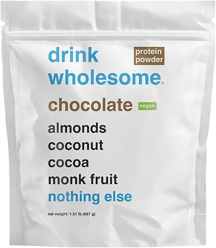 drink wholesome Proteína vegana de almendras de chocolate en polvo para estómagos sensibles | Proteína integral mínimamente procesada | Sin