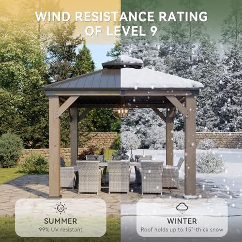 Image of Aoxun 10' x 10' Outdoor Wood Gazebo, Hardtop Gazebo Permanent Wooden Pavilion with Galvanized Steel Double Roof, for Patio, Garden, Deck, Cedar Wood, Grey