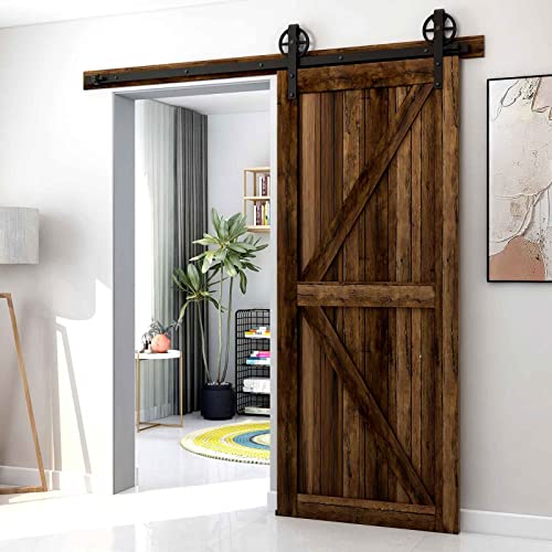 CCJH 6.6FT (201cm) Schiebetüren Beschläge Rustikal Schiebetürsystem Schiebetür inklusive Laufschiene, Big Wheel Barn Door Hardware Kit Nachrüsten Schwarz 6.6FT/2M(Upgrade)