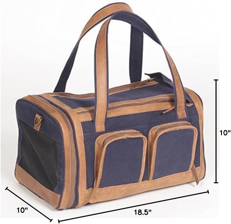 Pet Deluxe Travel Carrier – Tough Navy Organic Cotton Canvas with Genuine Leather Accents