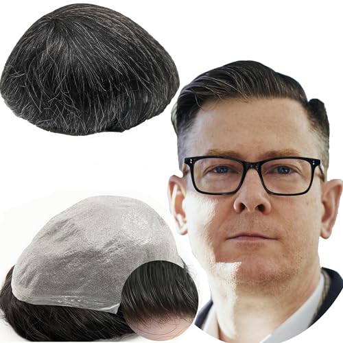 Protesi Capelli Uomo Yanahair Toupee per Uomini Parrucchini Parrucca Capelli Veri Uomo Parrucche Europeo Capelli Umani Veri 0.04mm V-loop PU pelle sottile Toupet 8x10”,#1B20 20% capelli umani grigi