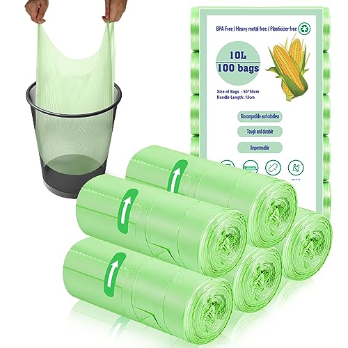 100 x 10 Liter Green Bin Bags 18.9 * 23.2in Portable Food Waste Bag Small Kitchen Bin Liners Food Caddy Bag with Handle for Office Bathroom Kitchen Garbage