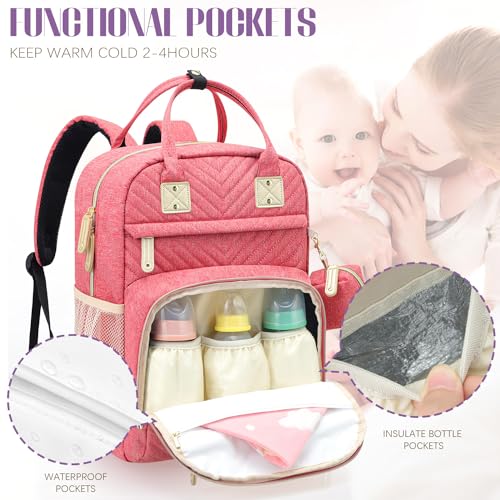 Image of Tuwubi Diaper Bag Backpack, Baby Essentials Travel Tote Bag, Multi function Waterproof Backpacks, Travel Essentials with Stroller Straps & Pacifier Case - Pink