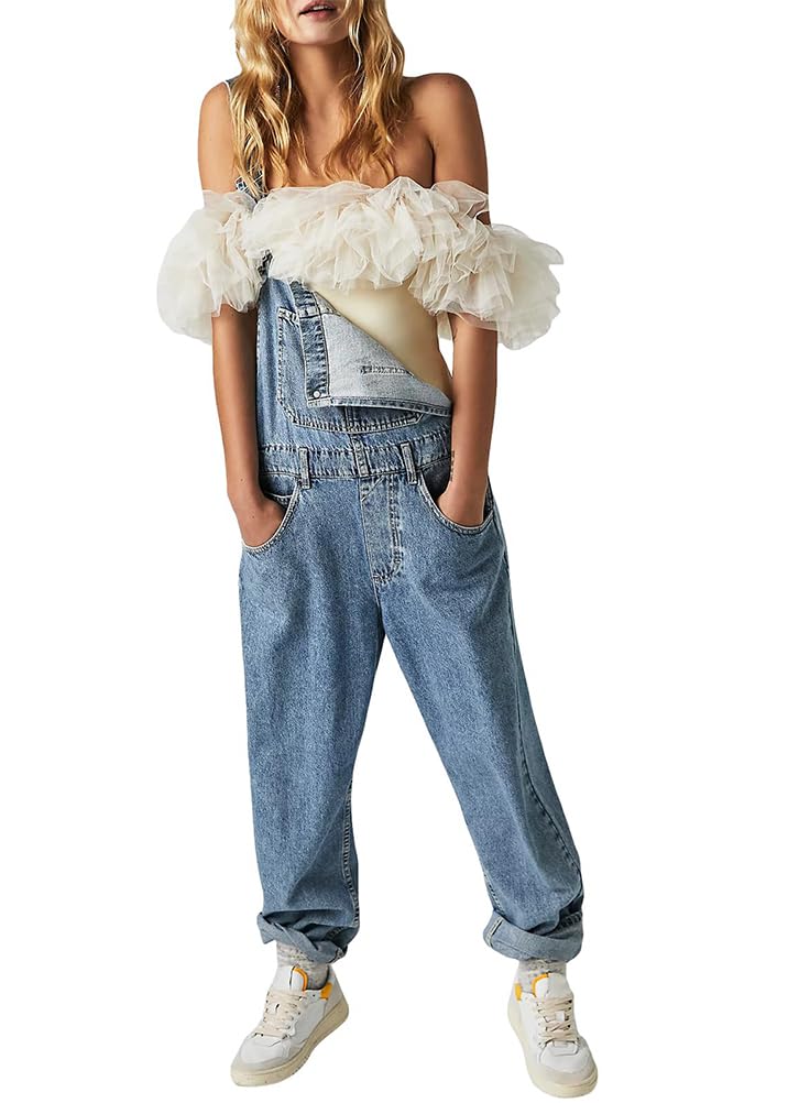 ORANDESIGNE Salopette Casual Stretch Denim Donna Jeans Tuta con Tasche Ragazza Sciolto Overall Lunga Dungarees Casual Pantaloni Bavaglino Jumpsuit Moda Hippie Cinturino