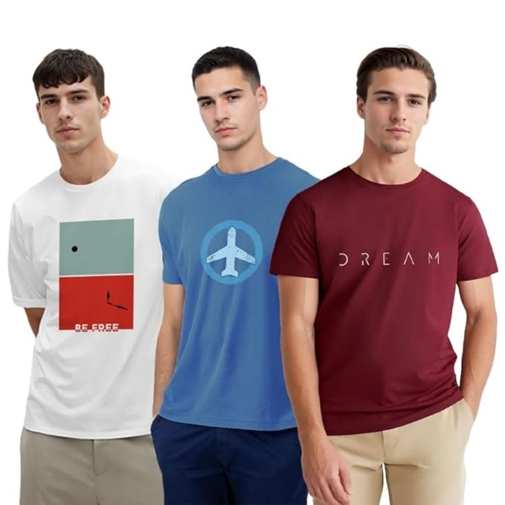 NOBERO Men’s Graphic Printed Regular Fit Cotton T-Shirt (Pack of 3)