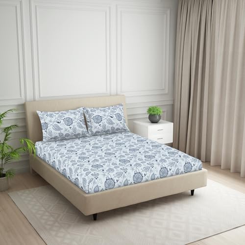 Image of Welspun Cotton Blend Bedsheet for Double Bed King Size with 2 Pillow Covers | Floral Print | Super Soft, Breathable & Skin Safe Bed Sheet | 274 x 274 cm | Ideal for Gifting & Festivals | Dark Green