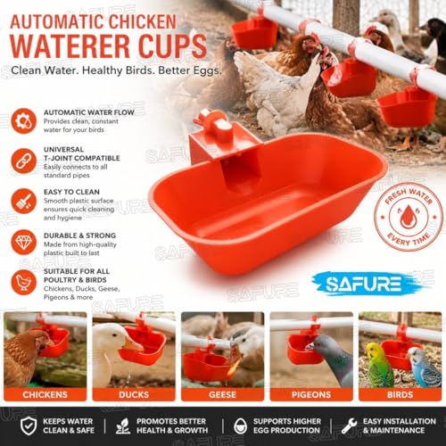 Image of Automatic Chicken Waterer Cups (Pack of 2) | Large Poultry Drinkers | Universal T-Joint Compatible Water Feeder for Chickens, Ducks, Geese, Pigeons & Birds | Easy-Clean Plastic Chicken Waterer Set