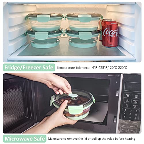 Annaklin Collapsible Food Storage Containers With Lid & Air Vent, Transparent Stacking Silicone Collapsible Meal Prep Container Set, Microwave Freezer Dishwasher Safe, Round, Set Of 4, Mint Green #TOP4