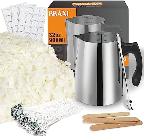 BBAXI Candle Making Kit, Including 32oz/900ml Candle Making Pouring Pot, 16oz Natural Soy Wax, 4Pcs Wooden Candle Wicks Holder, 60Pcs Candle Wicks, 60Pcs Candle Sticker and 1Pc Spoon
