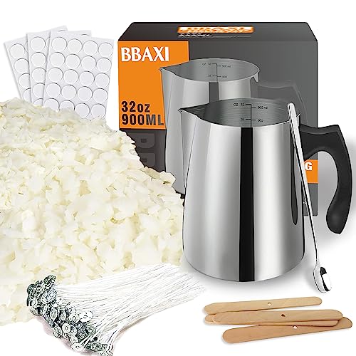 Bbaxi Candle Making Kit, Including 32Oz/900Ml Candle Making Pouring Pot, 16Oz Natural Soy Wax, 4Pcs Wooden Candle Wicks Holder, 60Pcs Candle Wicks, 60Pcs Candle Sticker And 1Pc Spoon #TOP2