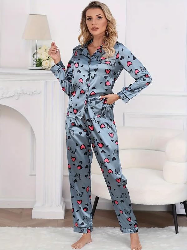 Image of Night Suit for Women with Full Sleeve Button-Down Top with Pant Dress for Woman, Cotton Night Dress for Woman, Two-Piece Loungewear Set