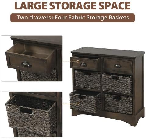 Miniatura 20 de TRIPLE TREE Armario de almacenamiento rústico, armario de madera con 2 cajones y 4 cestas de ratán, mesa de consola de entrada, mesa de sofá para