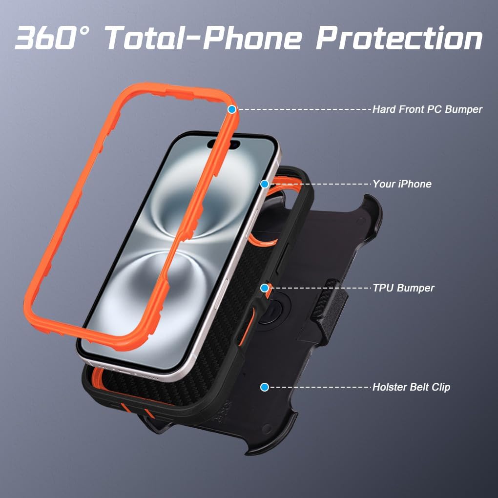 for Phone Case iPhone 16 Case with Belt Clip Holster, Rugged Protective for Outdoor Adventures, Military-Grade Shockproof Cover with Clip Kickstand, Dustproof Port Protection (Black Orange)