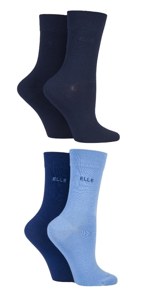 ELLE Ladies Patterned and Plain Assorted Sock Styles including Anklets, No Show, Trainer and Regular Bamboo Socks in a Multipack of 4 Regular Navy Blues 4-8