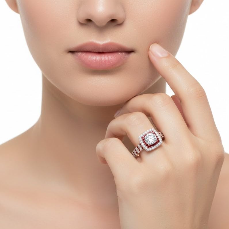Image of 55Carat Choose Your Gemstone Double Band Square Halo Diamond CZ Ring 18K Rose Gold Plated Round Shape Halo Engagement Rings Everyday Jewelry Wedding Jewelry Handmade Gifts for Wife US Size 4 to 12