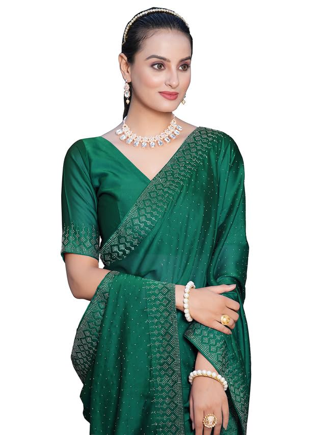 Image of SIRIL Women's Georgette Hot Fixing Stone Work Saree with Unstitched Blouse Piece (3186S138 Turquoise)