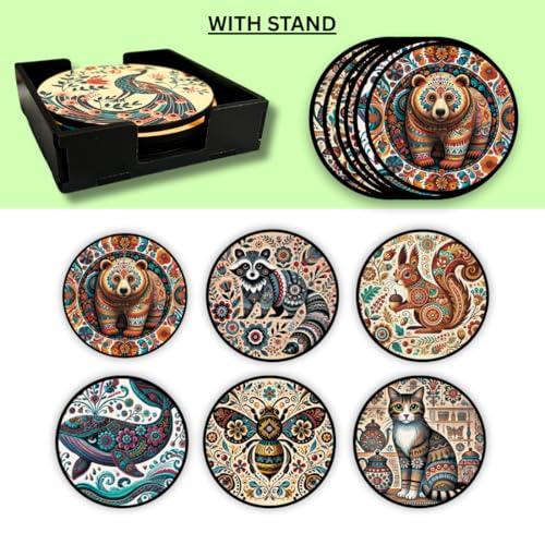 Image of Zesta Coasters for Cups Set of 6 / Wooden Coasters for Bar Accessories for Home /Tea Coaster Set of 6 / Waterproof Dining Table Decor Glass Cover (Mandala Animal, Circle)