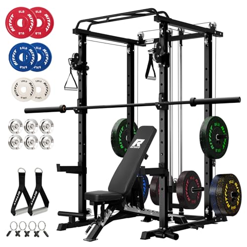Image of RitFit Multi-Function Garage & Home Gym Package Includes 1200LBS Power Cage PPC03 /P3 with Cable Crossover System, Weight Bench, Olympic Barbell Weight Set, Full Body Workout