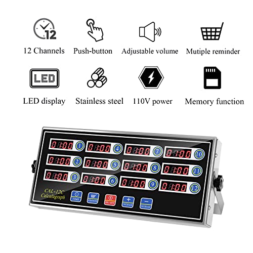 S2Squre Restaurant Kitchen Timer | 12-Channel | Led Loudly | 12-Group Food Timer | Independent Count Down | Stainless Steel | For Pizza Coffee Fast Food Fries Cooking #TOP1