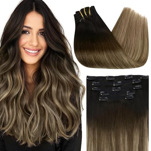 Sunny Hair Extensions Clip ins Ombre Clip in Hair Extensions Human Hair Black Ombre Dark Brown Mix Caramel Brown Clip in Ombre Hair Extensions Remy Hair Extensions Long Straight 7pcs 120G 22inch