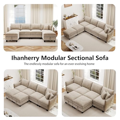 Image of Ihanherry 112 inch Modular U-Shaped Sectional Sofa, Modern 6-Seat Cloud Couch with 2 Storage Ottomans, Comfy Chenille Convertible Furniture Set for Living Room, Apartment, Easy Assembly, Brown