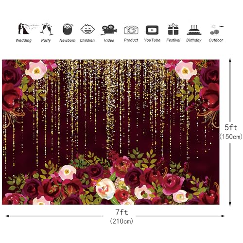 7x5ft Burgundy Red Flowers Wedding Backdrop for Photography Golden Glitter Sparkle Rain Background for Bridal Shower Birthday Party Cake Table Decorations Banner by FUNNYART - Used condition - Image 2