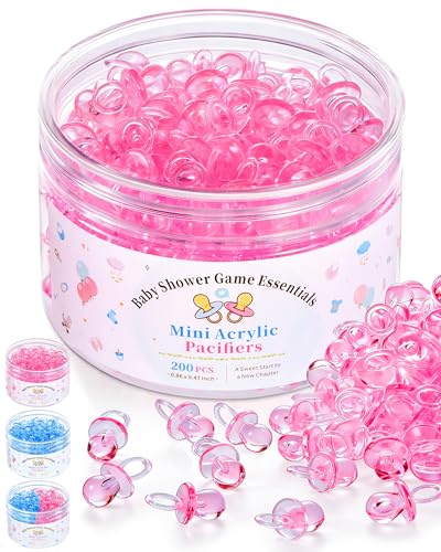 200 Pcs Mini Pacifiers Baby Shower Games, 0.86'' Acrylic Pacifiers in Clear Jar, Chupones para Baby Shower Pacifier for Party Favors, Table Scatter, Gender Reveal Decoration DIY Craft(Pink)