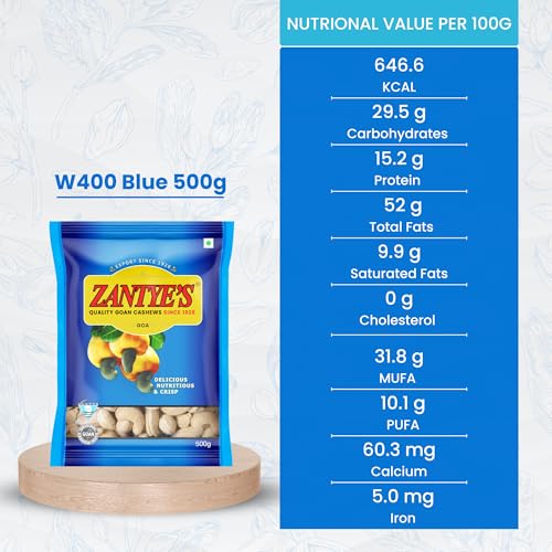 Image of Zantye's W400 Cashews, 250g, GI Tagged Goan Whole Kaju Nuts | Premium W400 Goan cashews, vacuum sealed whole nuts, ideal for cooking, Kaju Katli, biryani and everyday snacking