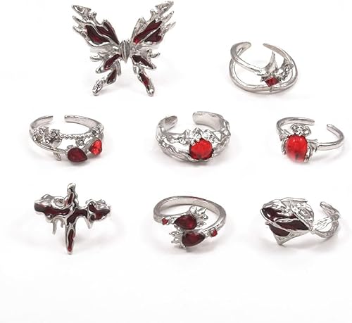 Anillos góticos vintage para mujer, juego de anillos de Kuncle rojo, plateado, punk, gótico, mariposa, cruz, corazón, anillos Y2K, apertura