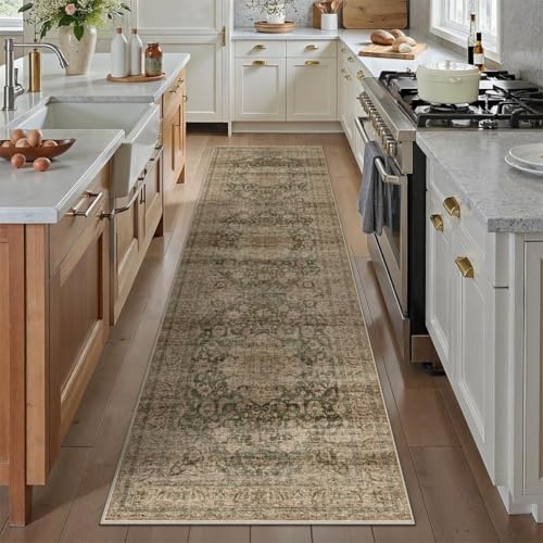 2x8 Washable Green Vintage Runner Rug for Kitchen Hallway Non-Slip Low Pile Soft Thin Carpet Traditional Retro Distressed Accent Throw Rug for Entryway Bathroom Indoor Bedroom