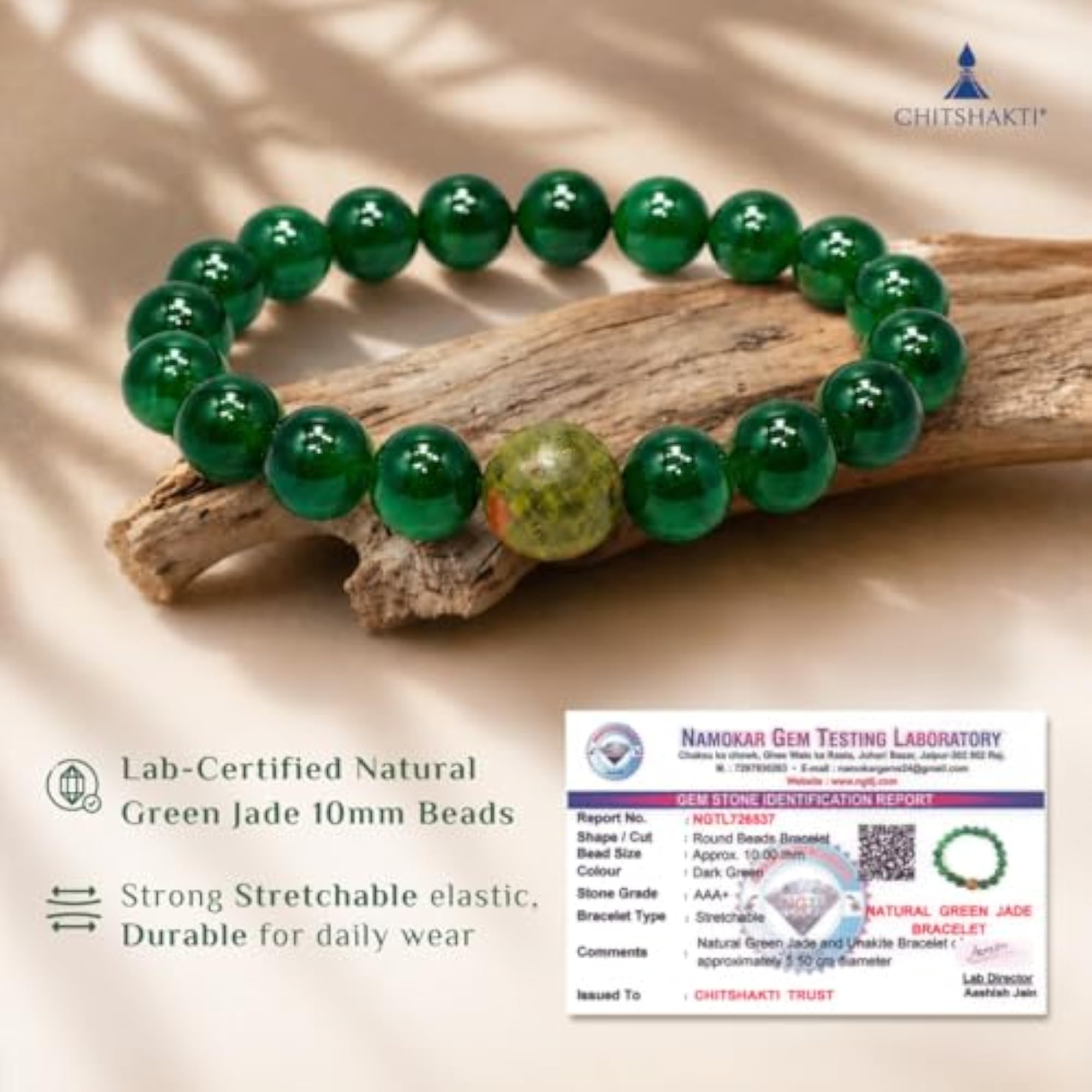 Lab Certified Green Jade Bracelet, Unisex Natural Healing Stone