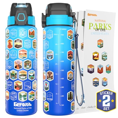National Parks Water Bottle with 63 Waterproof Stickers & Carry