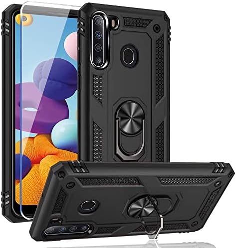 SunRemex Galaxy A21 Case with Tempered Glass Screen Protector. A21 Case Kickstand [ Military Grade ] 15ft. Drop Tested Protective Case Cover for Samsung Galaxy A21 Phone (Black)