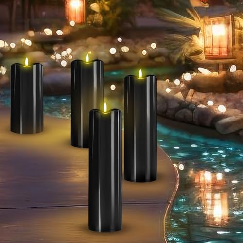 Image of Rossesay 8 inch 10 inch 12 inch 14 inch X 4 inch Large Waterproof Outdoor Flameless Candles, 4 Pcs LED Pillar Candles with Remote and Timers Battery Operated Jumbo Flickering for Home Patio Church Lanterns(Black)
