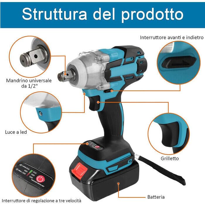Kit Completo Professionale 3 in 1 Trapano Tassellatore Avvitatore ad Impulsi Smerigliatrice a Batteria 700W Due Batterie 4000 mAh Valigetta
