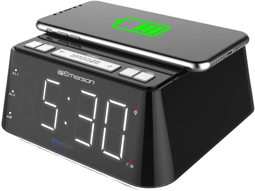 Emerson Radio ER100104 Wireless Charging Alarm Clock with Temperature Detector, Night Light, USB Charging and 1.2” White LED Display