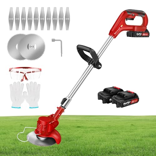 Cordless Grass Strimmer with Metal Blade, 2-in-1 Electric String Trimmer/Edger with Adjustable Angle Head, Lawn Edger Cutter, Included 2 x 1.5Ah Battery & Charger, Red