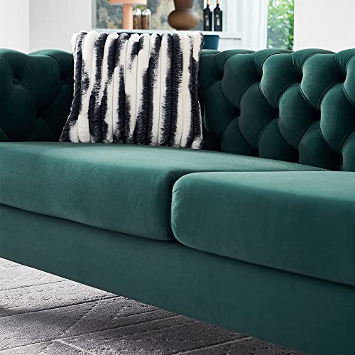Image of KEIKI 84 inch Chesterfield Velvet Tufted Button Sofa with Removable Cushions and 2 Toss Pillows, Modern 3-Seater Couch with 4 Gold Metal Legs, Easy Assembly, for Living Room, Bedroom, Apartment, Green