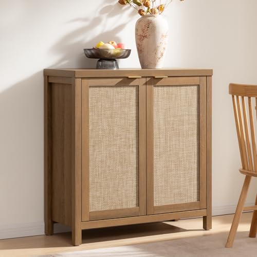Image of SICOTAS Sideboard Buffet Cabinet with Large Storage - Boho Rattan Credenza Coffee Bar Cabinets with Adjustable Shelves, Buffet Console Table for Kitchen Living Room Hallway - Oak